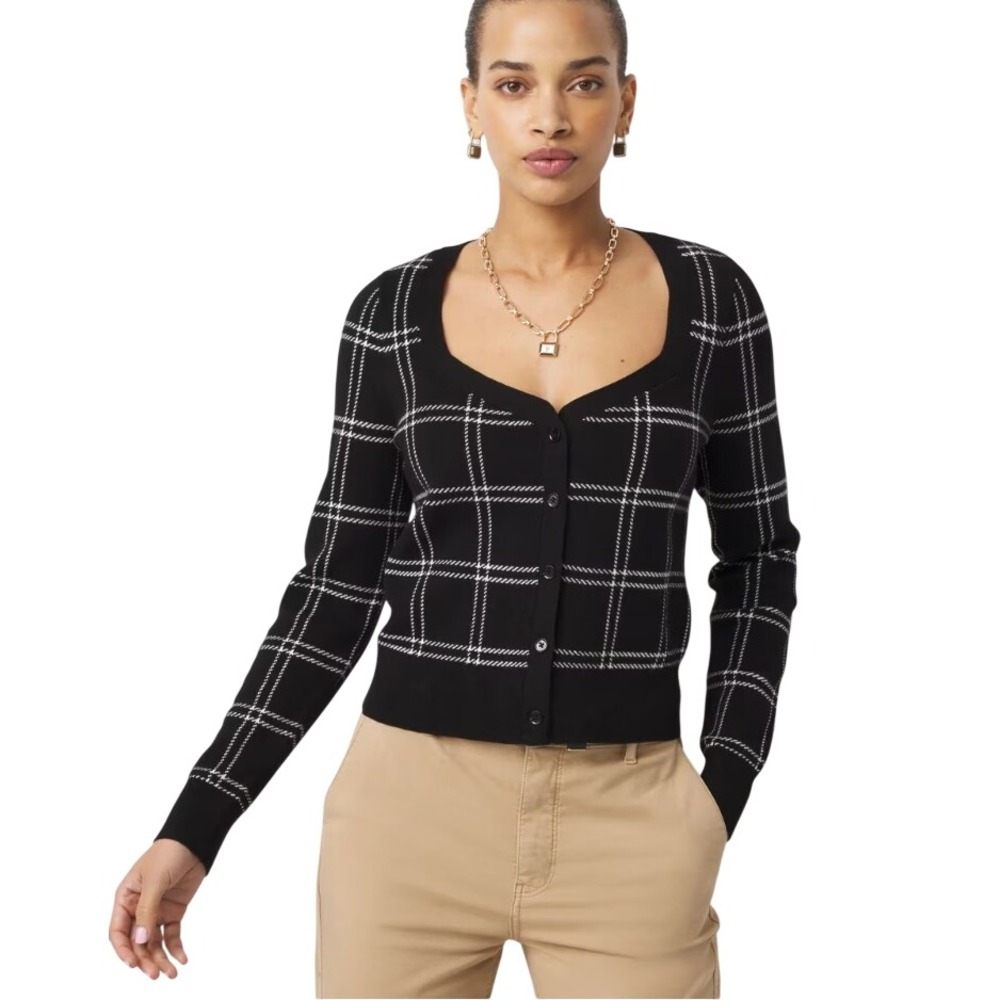 Sweetheart Neck Plaid Cardigan Black White Grid Knit Button Front 570398594 L